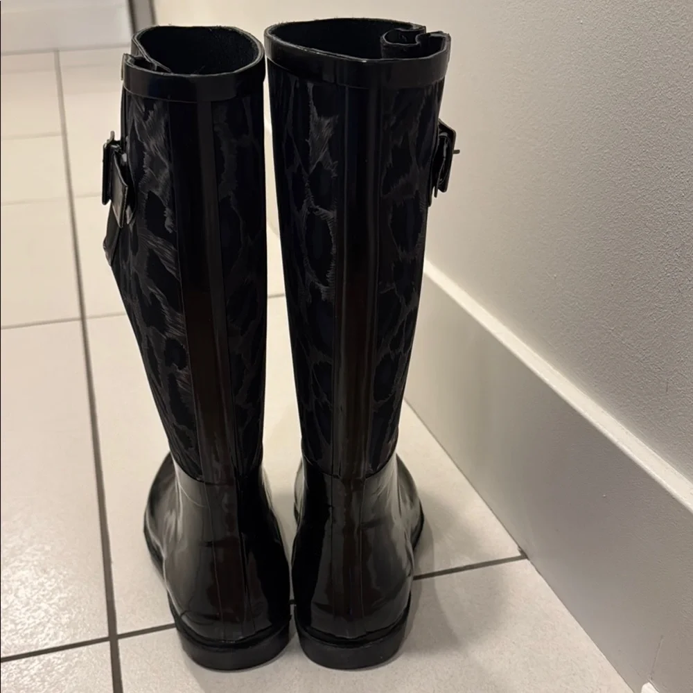 BCBGMaxAzria Black Winter Rain Boots Knee-High black so to animal print